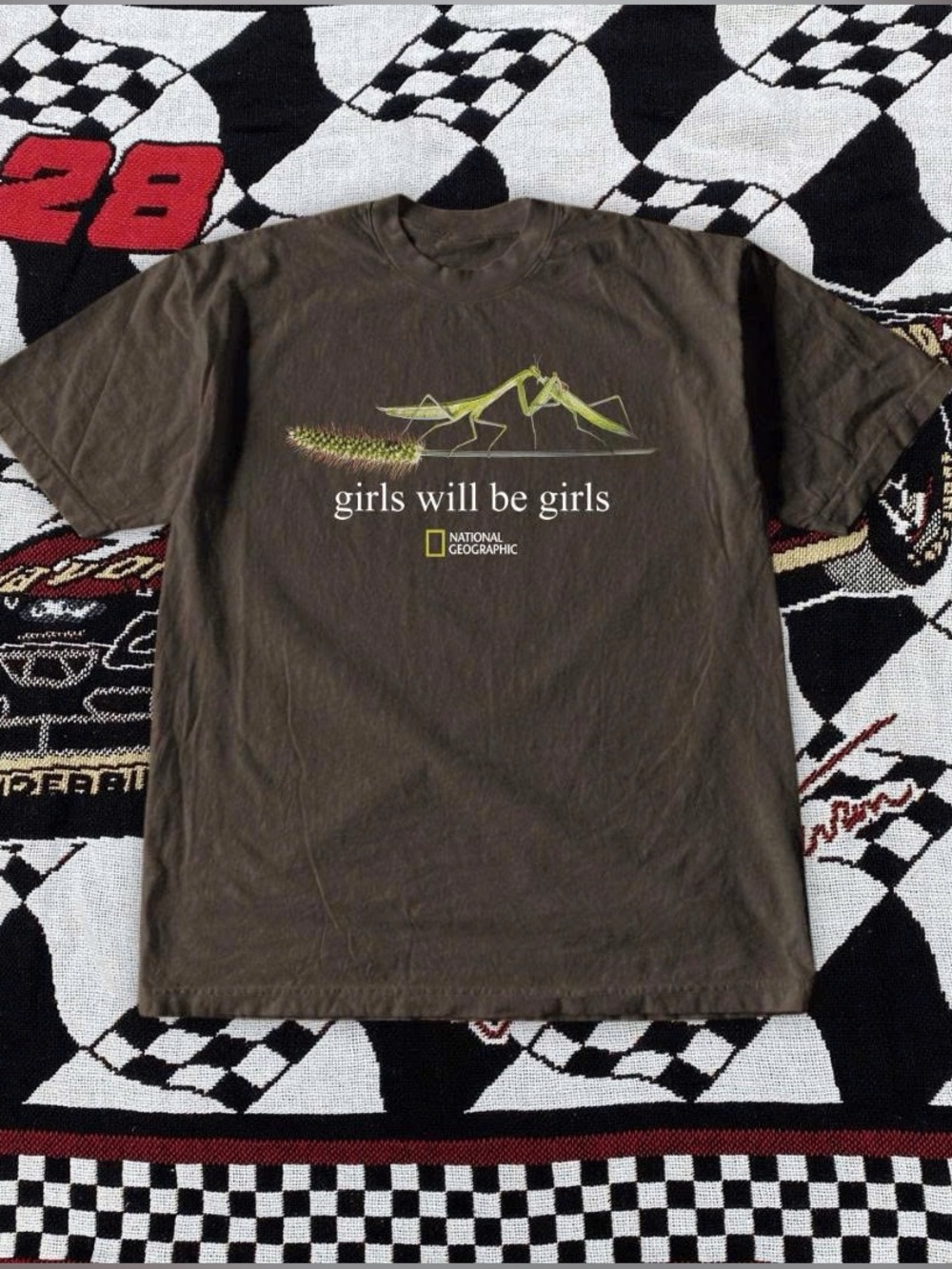 National Geographic Brown Tee with Green Praying Mantis Graphic